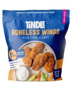 Package of tindle boneless wings made from plants with a view of the product and dipping sauce.
