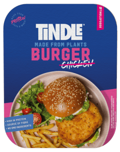A plant-based burger product named "tindle burger" presented on a blue package.