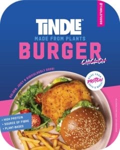 Advertisement for tindle plant-based burger featuring a burger with lettuce, tomato, and a side of fries.