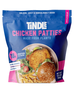 A package of tindle plant-based chicken patties with an image of a prepared burger on the front.