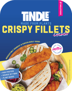 Plant-based crispy fillets advertised as high in protein and fiber, presented as a meat alternative in a taco.