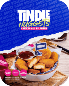 Produktverpackung für „Tindle Nuggets“ aus pflanzlichem Hühnchen mit Abbildung der Nuggets mit Dip.