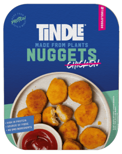 Package of tindle plant-based chicken nuggets, highlighting high protein and fiber with no gmo ingredients.