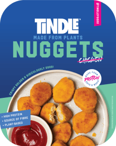 A plate of plant-based nuggets branded "tindle" with a side of dipping sauce.