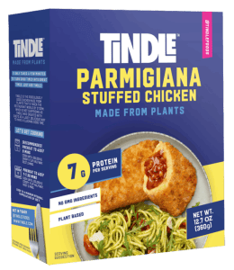Packaged plant-based parmigiana stuffed chicken with a serving suggestion displayed.
