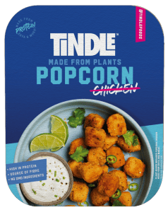 A package of tindle plant-based popcorn chicken, highlighting its protein content and non-gmo ingredients.