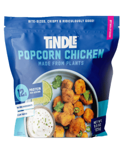 A package of tindle plant-based popcorn chicken displaying the product and nutritional information.