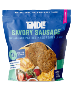 Package of tindle plant-based savory sausage breakfast patties.