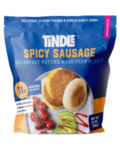 Package of tindle spicy breakfast sausage patties made from plants.