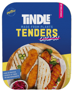 Package of tinder plant-based chicken tenders displayed with tacos.