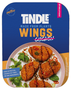Product packaging for tindle plant-based wings, emphasizing high protein and fiber content with non-gmo ingredients.