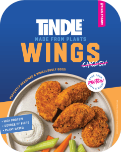Plant-based chicken wings alternative from tindle displayed with seasoning, emphasizing high protein and fiber content.